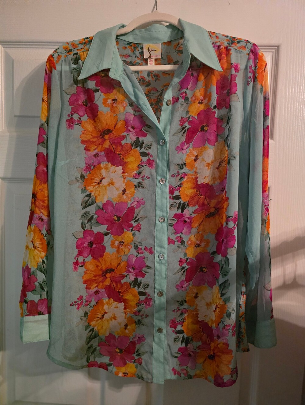 Floral Button-Front Blouse in Mint with Pink & Orange Flowers